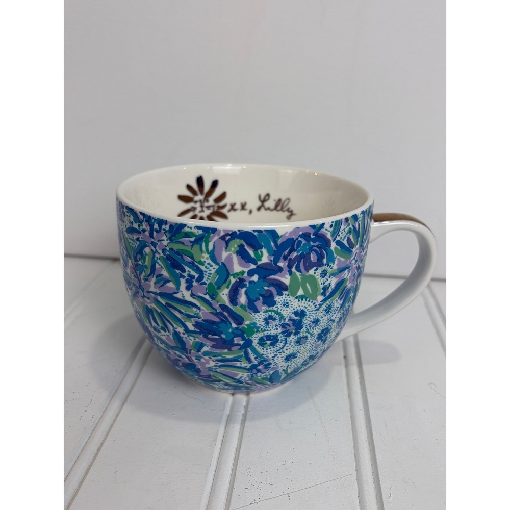 Lilly Pulitzer Blue Green Floral Mug Gold Handle Ceramic Coffee Cup